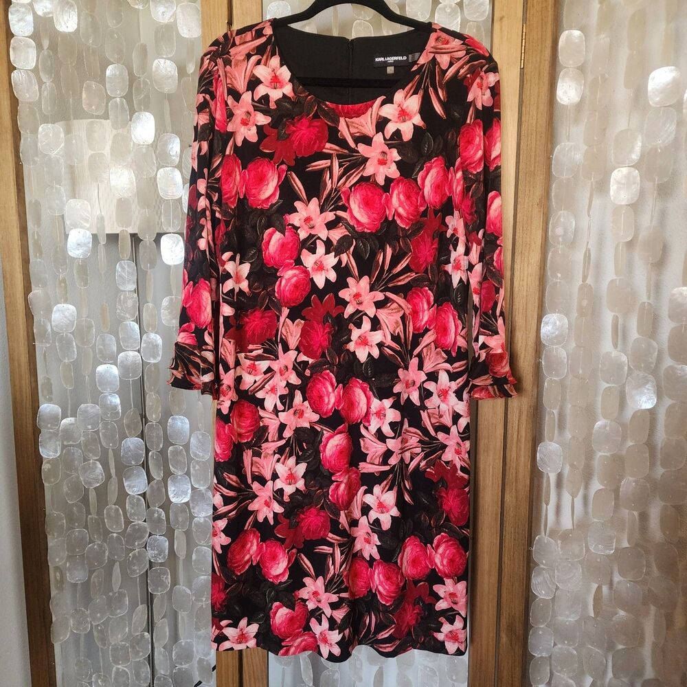 Floral Sheath Dress Pink Black Romantic Career Wedding Guest Karl Lagerfeld 16